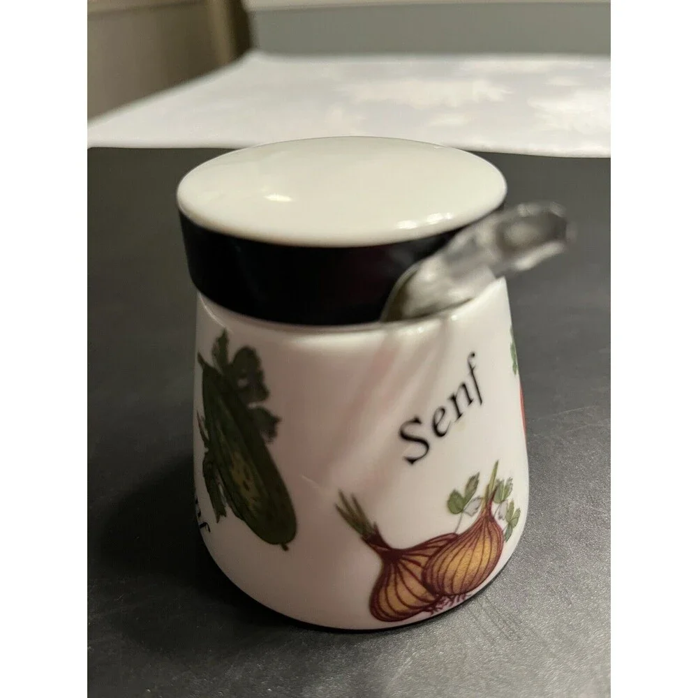 Gerold Porzellan Bavaria Mushroom Veggie Motif Condiment Jar w Lid & Spoon